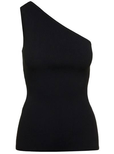Shop Totême Black Monochrome One-shoulder Ribbed Top In Viscose Blend