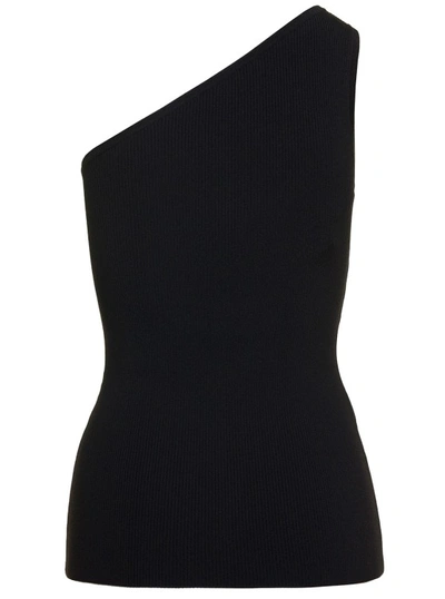 Shop Totême Black Monochrome One-shoulder Ribbed Top In Viscose Blend
