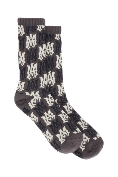 Shop Amiri Socks With Ma Pattern In Grey