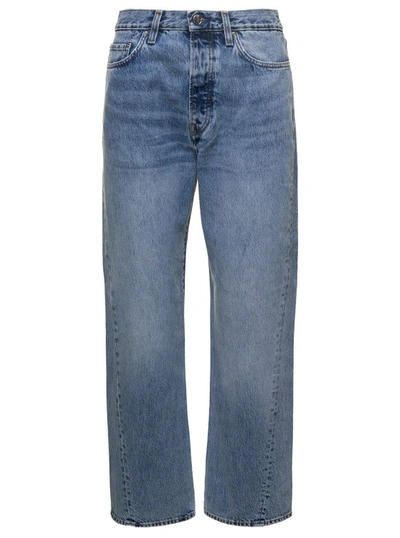 Shop Totême Light Blue Straight Five-pockets Jeans With Logo Patch In Cotton Denim