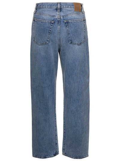 Shop Totême Light Blue Straight Five-pockets Jeans With Logo Patch In Cotton Denim