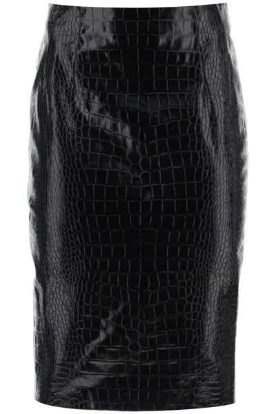 Shop Versace Croco Effect Leather Pencil Skirt In Black