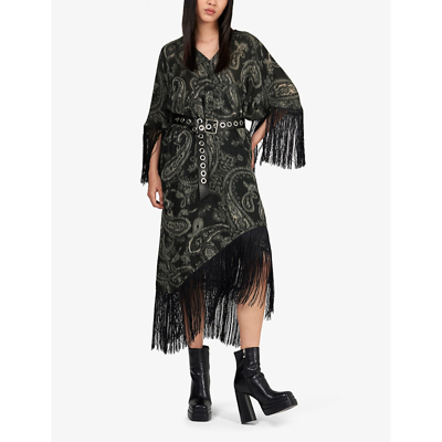 Shop Leem Women's Black / Wh Paisley-print Fringe-trim Wool Midi Dress