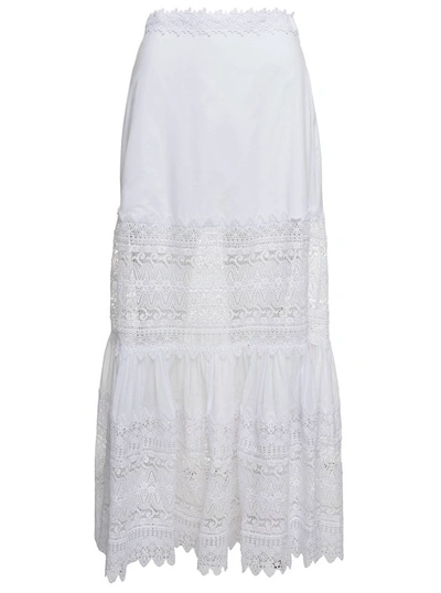 Shop Charo Ruiz Viola' White Flounced Skirt With Lace Inserts In Cotton Blend
