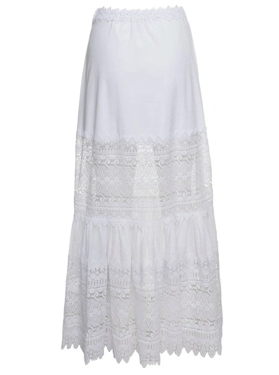 Shop Charo Ruiz Viola' White Flounced Skirt With Lace Inserts In Cotton Blend