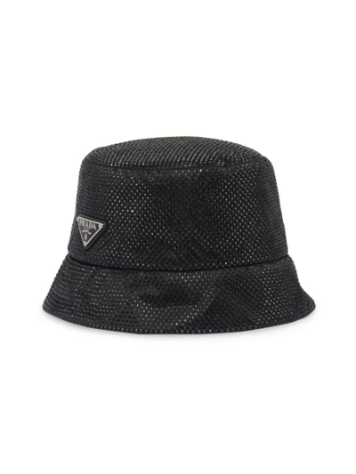 Shop Prada Women's Satin Bucket Hat With Crystals In Black