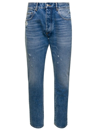 Shop Icon Denim Kanye' Blue Five-pocket Jeans With Logo Patch In Cotton Denim