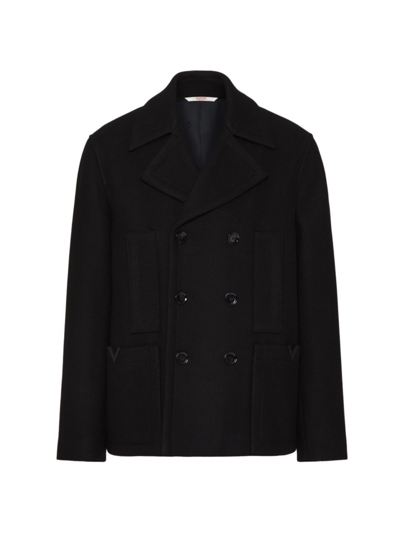 Shop Valentino Men's Technical Wool Cloth Peacoat With Rubberized V Detail In Black