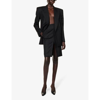 Shop Saint Laurent Mid-rise Split-hem Wool Midi Skirt In Noir Argent