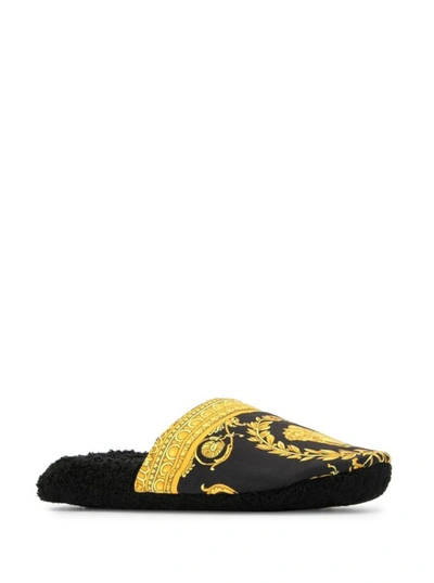 Shop Versace Black House Slippers In Cotton And Terry With Gold Embroidered Logo On The Toe
