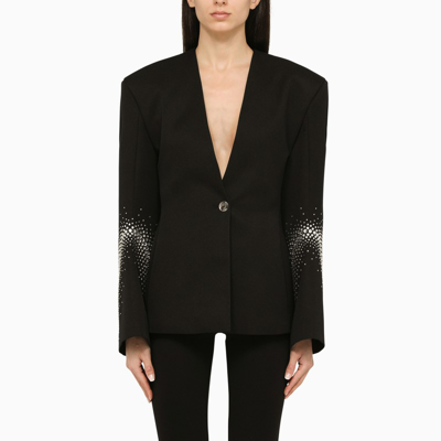 Shop Attico The  Black One-breasted Jacket With Rhinestones