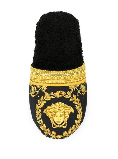 Versace Black And Gold House Slippers In Cotton And Terry With Baroque ...