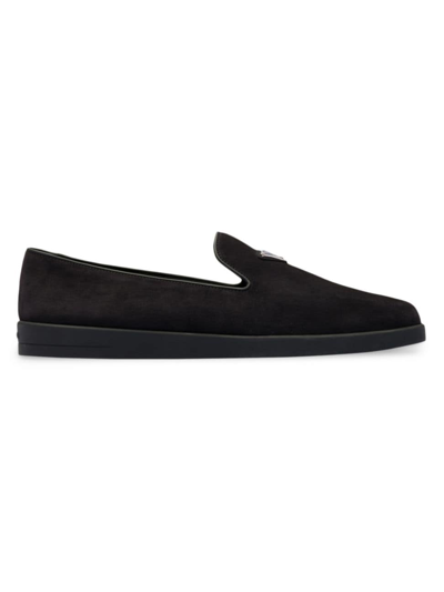Shop Prada Men's Suede Slippers In Black