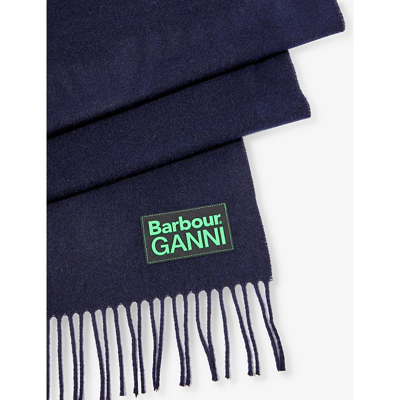 Shop Barbour Womens Navy X Ganni Logo-appliqué Wool Scarf