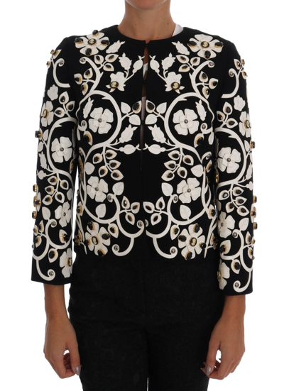 Shop Dolce & Gabbana Floral Embroidered Crystal Wool Coat Women's Jacket In Black/white