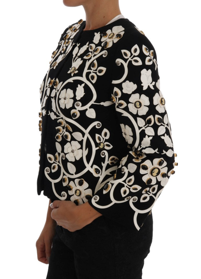 Shop Dolce & Gabbana Floral Embroidered Crystal Wool Coat Women's Jacket In Black/white