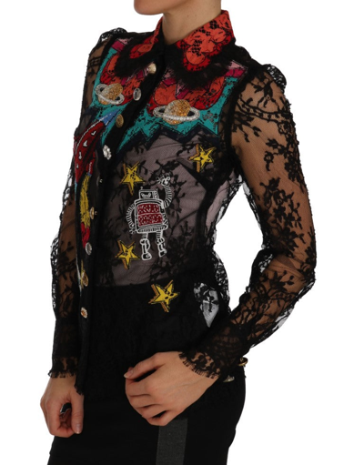 Shop Dolce & Gabbana Floral Lace Embroidered Blouse With Women's Crystals In Black