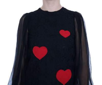 Shop Dolce & Gabbana Elegant Black Lace Heart Applique Shift Women's Dress
