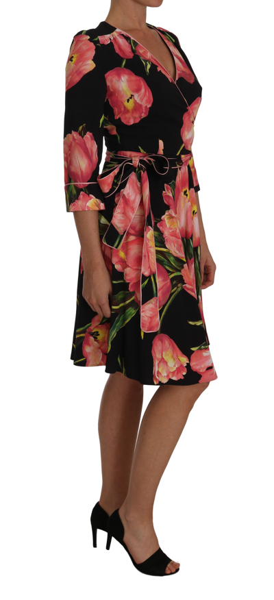 Shop Dolce & Gabbana Elegant Black Shift Dress With Pink Tulips Women's Print