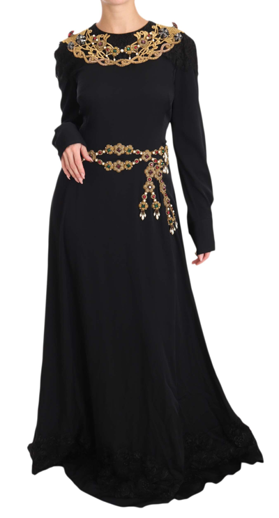 Shop Dolce & Gabbana Elegant Maxi Black Dress With Gold Women's Detailing