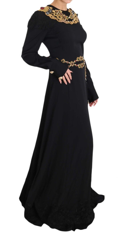 Shop Dolce & Gabbana Elegant Maxi Black Dress With Gold Women's Detailing