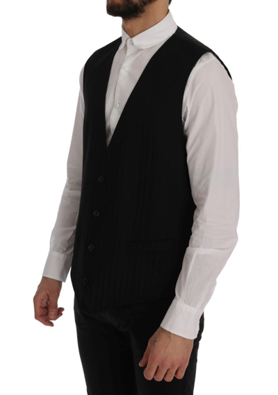 Shop Dolce & Gabbana Elegant Striped Wool Blend Waistcoat Men's Vest In Black
