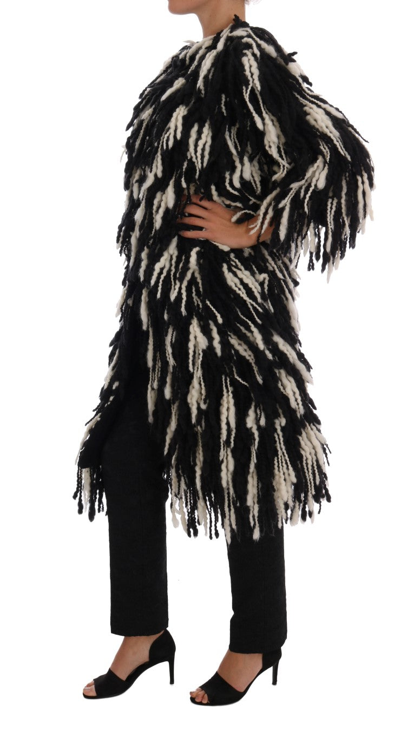 Shop Dolce & Gabbana Black And White Fringed Wool Coat Women's Jacket In Black/white
