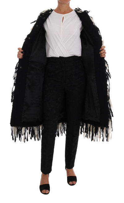 Shop Dolce & Gabbana Black And White Fringed Wool Coat Women's Jacket In Black/white