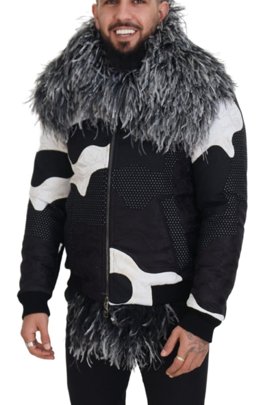 Shop Dolce & Gabbana Elegant Shearling Zip Jacket In Black &amp; Men's White In Black And White