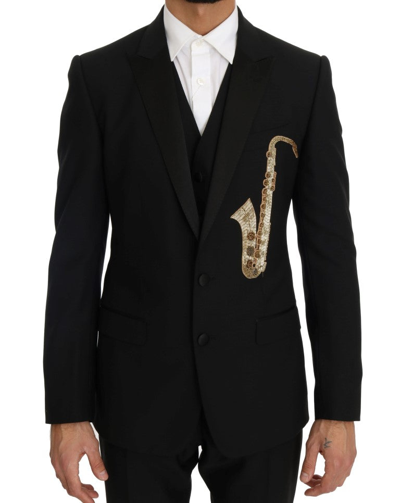 Shop Dolce & Gabbana Elegant Black Three-piece Suit With Saxophone Men's Embroidery