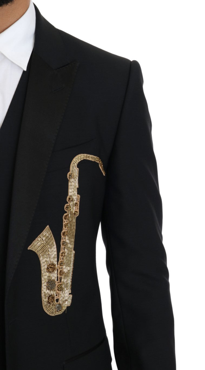 Shop Dolce & Gabbana Elegant Black Three-piece Suit With Saxophone Men's Embroidery