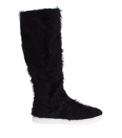 Shop Dolce & Gabbana Elegant Black Fur Leather Flat Sneaker Women's Boots