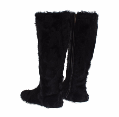 Shop Dolce & Gabbana Elegant Black Fur Leather Flat Sneaker Women's Boots