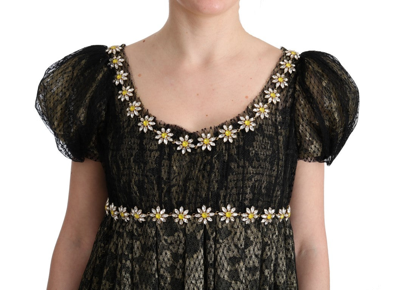 Shop Dolce & Gabbana Sunflower Lace Crystal Maxi Shift Women's Dress In Black