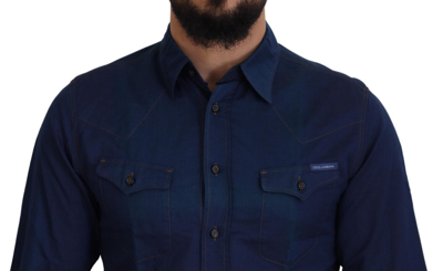 Shop Dolce & Gabbana Elegant Blue Slim Fit Cotton Dress Men's Shirt