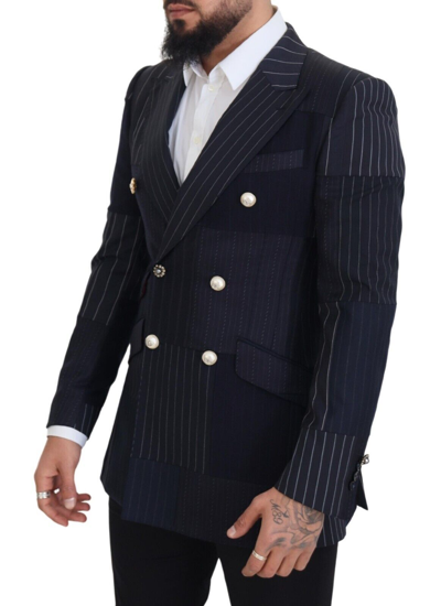 Dolce & Gabbana Blue Wool Patchwork Double Breasted Blazer In Navy Blue