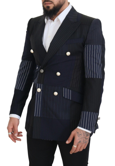 Dolce & Gabbana Blue Wool Patchwork Double Breasted Blazer In Navy Blue