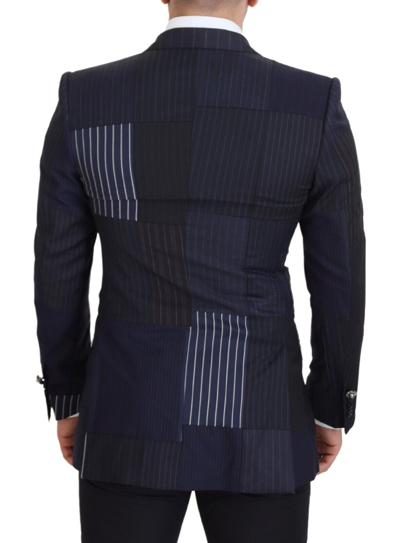 Dolce & Gabbana Blue Wool Patchwork Double Breasted Blazer In Navy Blue