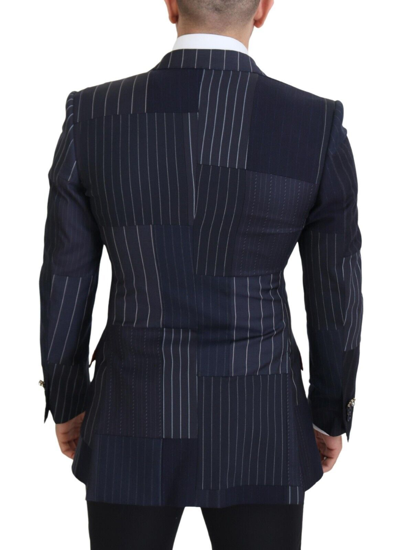 Dolce & Gabbana Blue Wool Patchwork Double Breasted Blazer In Navy Blue
