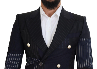Dolce & Gabbana Blue Wool Patchwork Double Breasted Blazer In Navy Blue