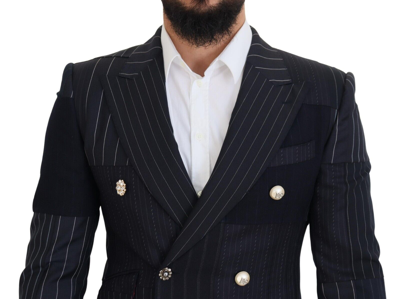 Dolce & Gabbana Blue Wool Patchwork Double Breasted Blazer In Navy Blue