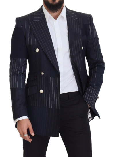 Dolce & Gabbana Blue Wool Patchwork Double Breasted Blazer In Navy Blue