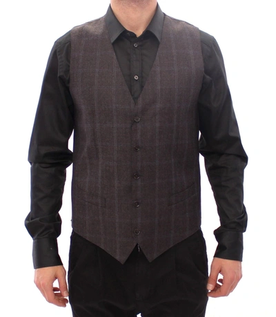 Shop Dolce & Gabbana Elegant Checkered Wool Dress Men's Vest In Brown