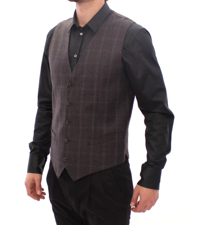 Shop Dolce & Gabbana Elegant Checkered Wool Dress Men's Vest In Brown