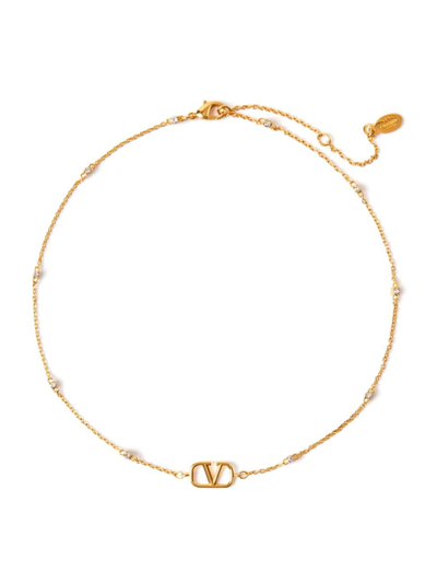 Shop Valentino Women's Mini Vlogo Signature Necklace In Metal And Swarovski Crystals In Gold