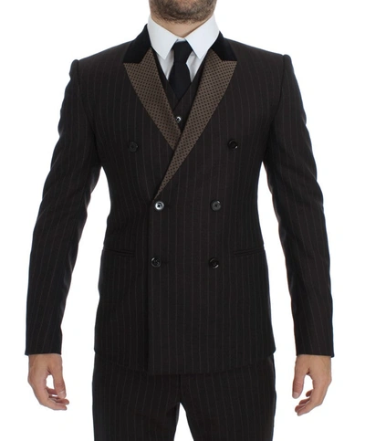 Shop Dolce & Gabbana Elegant Brown Striped Three-piece Men's Tuxedo