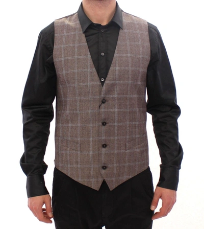 Shop Dolce & Gabbana Elegant Brown Checkered Wool Dress Men's Vest