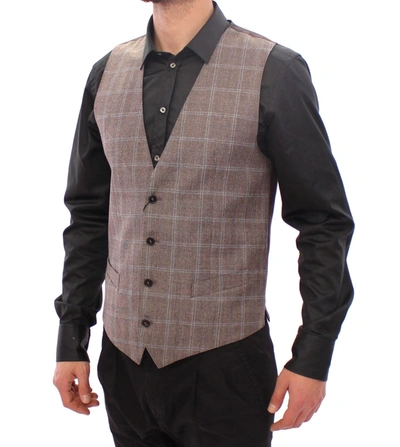 Shop Dolce & Gabbana Elegant Brown Checkered Wool Dress Men's Vest