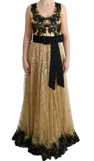 Shop Dolce & Gabbana Elegant Gold Floral Lace Gown Women's Dress