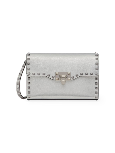 Shop Valentino Women's Small Rockstud Grainy Metallic Calfskin Crossbody Bag In Silver